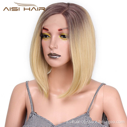 Aisi Hair Short Bob Ombre Blonde Dark Root Wig Silky Straight Front Lace Wig Cosplay Lace Front Hair Wigs For Black White Women